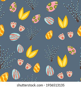 Seamless pattern of bunny paws, hare ears, easter eggs, pussy willow. Vector cartoon illustration. Decoration for Happy Easter