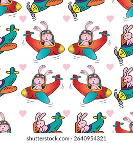 Seamless pattern with bunny pilots, airplanes and hearts. Hand drawn vector illustration.
