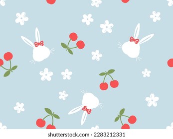 Seamless pattern with bunny rabbit cartoon, cherry fruit and flower on blue background vector illustration.