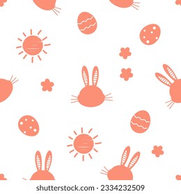 Patrón sin foco con caricatura de conejo conejo conejo conejo conejo, sol, huevo de Pascua y flor tierno sobre ilustración vectorial de fondo blanco.