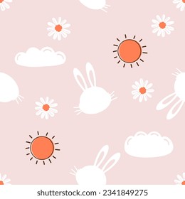 Seamless pattern with bunny rabbit cartoon, sun and daisy flower on pink background vector illustration. Cute childish print.