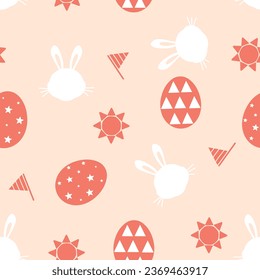Seamless pattern with bunny rabbit cartoon, Easter egg, sun and flag on orange background vector illustration. 