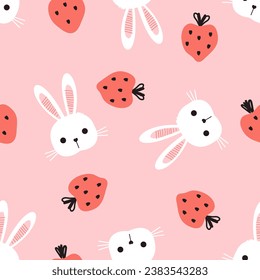 Seamless pattern with bunny rabbit cartoon and strawberry on pink background vector illustration.