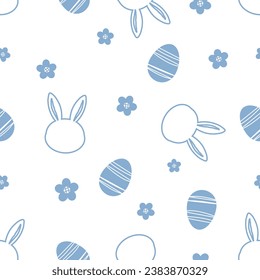 Seamless pattern with bunny rabbit cartoon, Easter eggs and cute flower on white background vector illustration. Cute childish print.