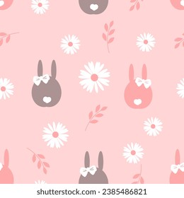 Seamless pattern with bunny rabbit cartoon, daisy flower and branch on pink background vector illustration.