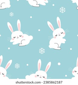 Seamless pattern with bunny rabbit cartoon and snowflake on winter green mint background vector illustration.
