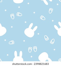Seamless pattern with bunny rabbit cartoon, foot print and little flower on blue background vector illustration.