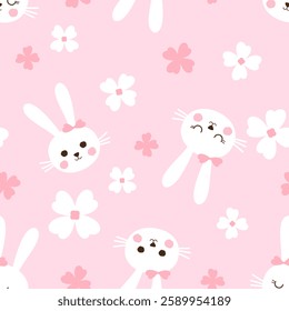 Seamless pattern with bunny rabbit cartoon, and cute flower on pink background vector.