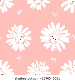 Seamless pattern with bunny rabbit cartoon, daisy flower and ribbon bow on pink background vector.