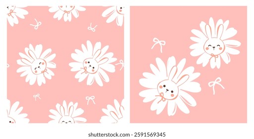Seamless pattern with bunny rabbit cartoon and daisy flower on pink background vector.