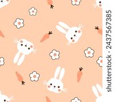 Seamless pattern with bunny rabbit cartoons, carrot and white flower on orange background vector.