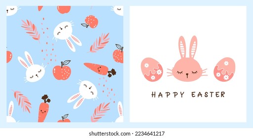 Seamless pattern with bunny rabbit cartoons, apple, branch and carrots on blue background. Happy Easter card with rabbit face, eggs and hand written fonts vector illustration.