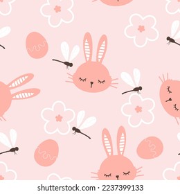 Seamless pattern with bunny rabbit cartoons, daisy flower, Easter eggs and dragonfly on pink background vector illustration.  