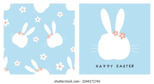 Seamless pattern with bunny rabbit cartoons and daisy flower on blue background. Easter card with rabbit face and hand written font vector illustration.