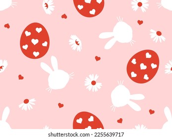 Seamless pattern with bunny rabbit cartoons, red hearts, daisy flower and Easter eggs on pink background vector illustration.