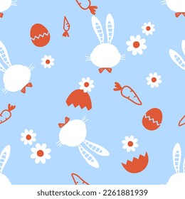 Patrón sin foco con dibujos animados de conejo conejo conejo conejo, huevos de Pascua, zanahorias y flor de margarita en ilustración vectorial de fondo azul.