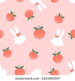 Seamless pattern with bunny rabbit cartoons and peach fruit on pink background vector illustration.