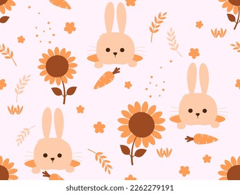 Seamless pattern with bunny rabbit cartoons, carrots, branches, grasses and little flower on pastel pink background vector illustration. Cute childish print. 