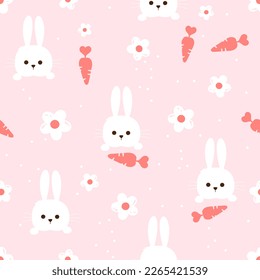 Seamless pattern with bunny rabbit cartoons, daisy flower and carrots on pink background vector illustration. Cute childish print.