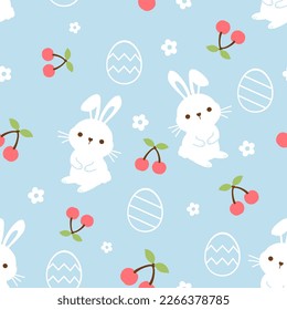 Seamless pattern with bunny rabbit cartoons, cherry fruit, Easter eggs and cute flower on blue background vector illustration.