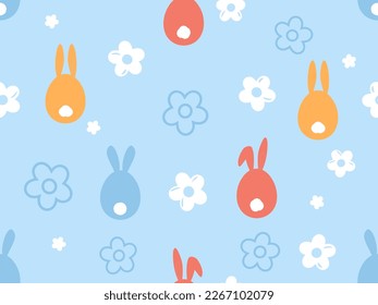 Seamless pattern with bunny rabbit cartoons, Easter eggs and daisy flower on blue background vector illustration. Cute childish print.