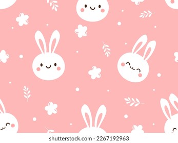 Seamless pattern with bunny rabbit cartoons, branches and cute flower on pink background vector illustration. Cute childish print.