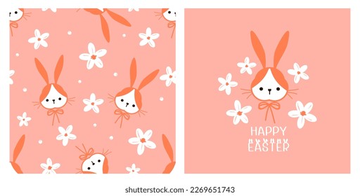 Seamless pattern with bunny rabbit cartoons, daisy flower on pink background vector illustration.