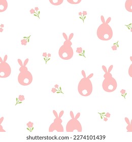 Seamless pattern with bunny rabbit cartoons and pink flower garden on white background vector illustration. Cute childish print.