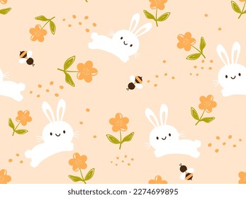 Seamless pattern with bunny rabbit cartoons, flying bees, cute flower on  pastel orange background vector.