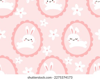 Patrón sin foco con dibujos animados de conejo conejo conejo conejo, huevos de Pascua y flor tierna en la ilustración vectorial de fondo rosa.