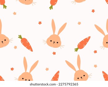 Seamless pattern with bunny rabbit cartoons, carrot and little flower on pastel background vector illustration. Cute childish print.