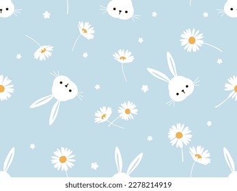 Seamless pattern with bunny rabbit cartoons and daisy flower on blue background vector illustration. Cute childish print.