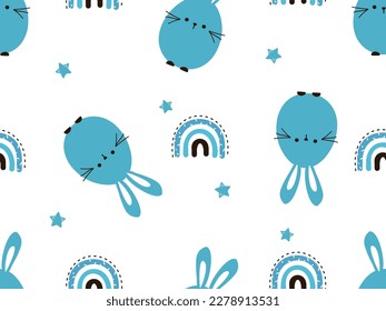 Seamless pattern with bunny rabbit cartoons, stars and rainbows on white background vector illustration. Cute childish print. 