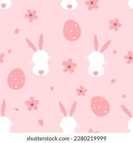 Seamless pattern with bunny rabbit cartoons, cherry blossom Sakura flower and Easter eggs on pink background vector illustration. Cute childish print.