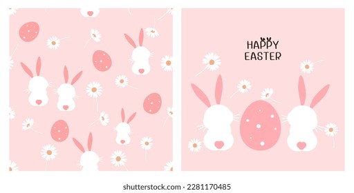 Patrón sin foco con dibujos animados de conejo conejo conejo conejo, huevos de Pascua y flor de margarita sobre fondo rosado. Carta feliz de Pascua con tipografía escrita a mano y conejo lindo en ilustración vectorial de fondo rosa.