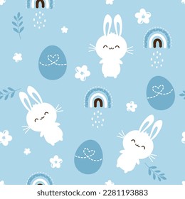 Seamless pattern with bunny rabbit cartoons, Easter eggs, rainbows and daisy flower on blue background vector illustration. Cute childish print.  