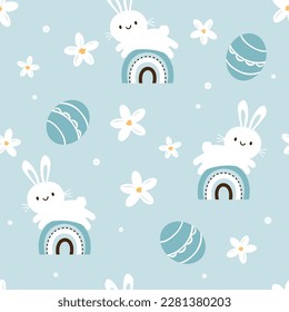 Seamless pattern with bunny rabbit cartoons, white flower, rainbows and Easter eggs on blue mint background vector illustration. Cute childish print.