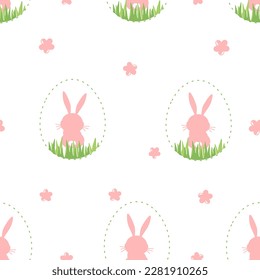 Seamless pattern with bunny rabbit cartoons, Easter eggs, green grass and little flower on white background vector illustration. Cute childish print.