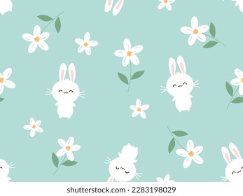 Seamless pattern with bunny rabbit cartoons and white flower on green background vector illustration.