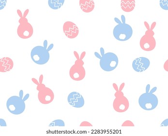 Seamless pattern with bunny rabbit cartoons and Easter eggs on white background vector illustration. Cute childish print.