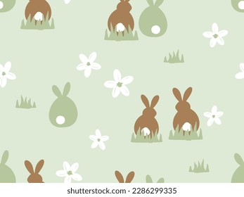 Seamless pattern with bunny rabbit cartoons, grass and cute flower on green lawn background vector illustration.