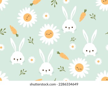 Patrón sin foco con dibujos animados de conejo conejo conejo, zanahoria, rama y flor de margarita sobre ilustración vectorial de fondo verde.