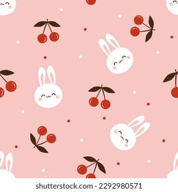 Seamless pattern with bunny rabbit cartoons and cherry fruit on pink background vector illustration.