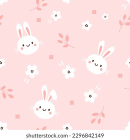 Seamless pattern with bunny rabbit cartoons, cute flower and branches on pink background vector illustration.