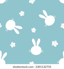 Nahtloses Muster mit hausgemachten Kaninchencartoons und süßer Blume auf blauem Hintergrund, Vektorgrafik.