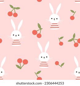 Seamless pattern with bunny rabbit cartoons and cherry fruit on pink background vector illustration.