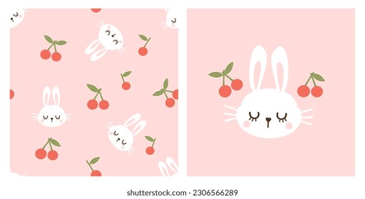 Seamless pattern with bunny rabbit cartoons and cherry fruit with green leaves on pink backgrounds vector illustration.