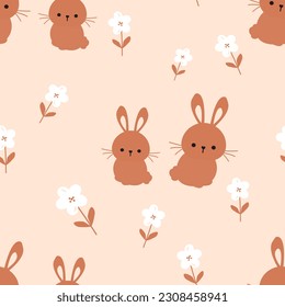 Seamless pattern with bunny rabbit cartoons and cute flower on orange background vector illustration.