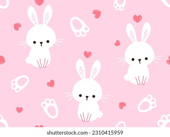 Seamless pattern with bunny rabbit cartoons, bunny foot and hearts on pink background vector illustration.