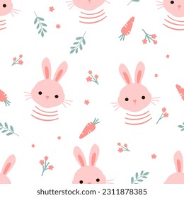 Seamless pattern with bunny rabbit cartoons, pink flower, carrot and branches on white background vector illustration.  